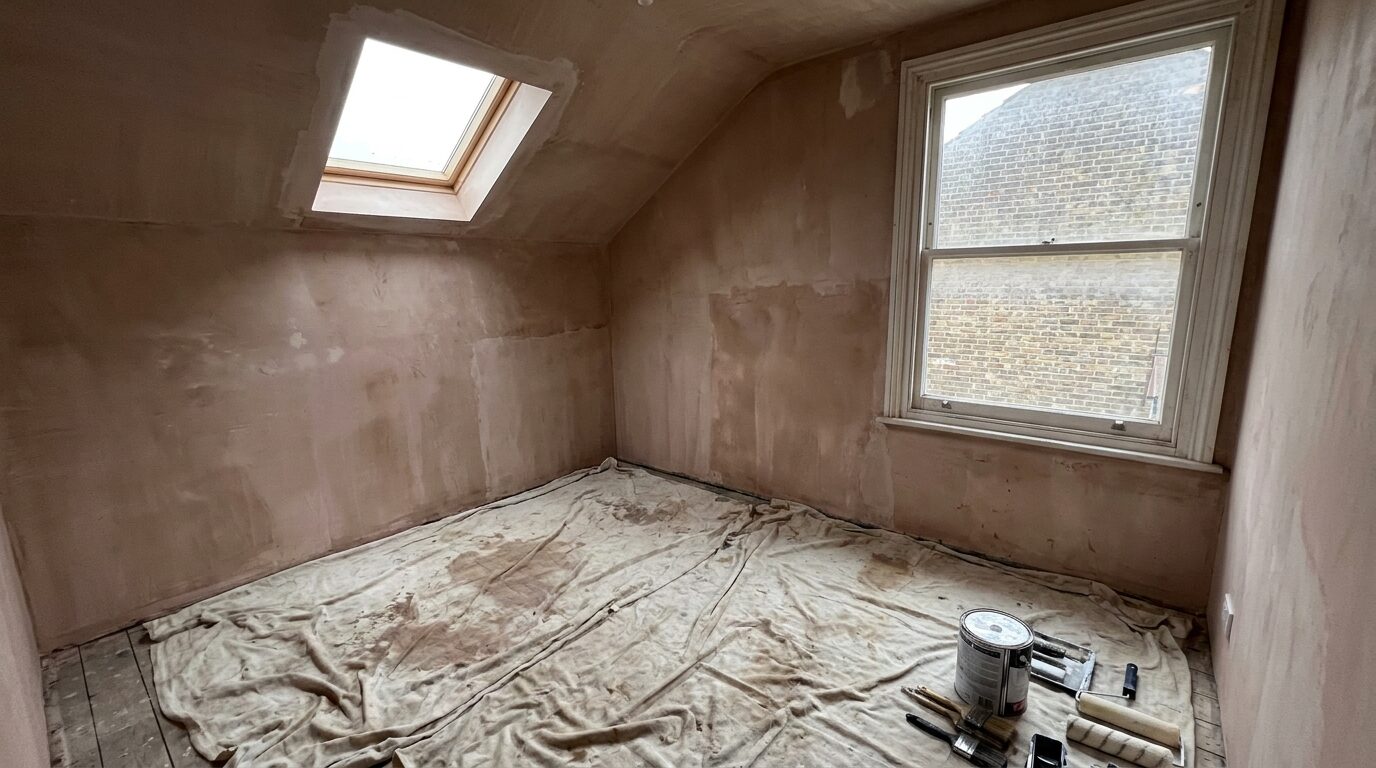 Before: a bare plaster room with an unpainted skylight reveal