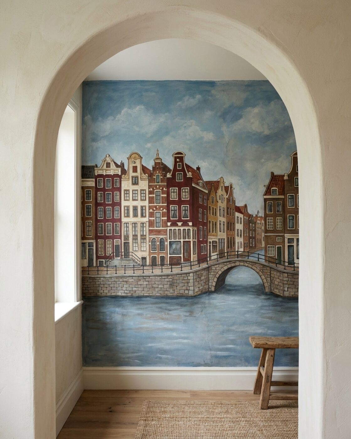 A feature wall mural of Amsterdam canal houses seen through an arched alcove