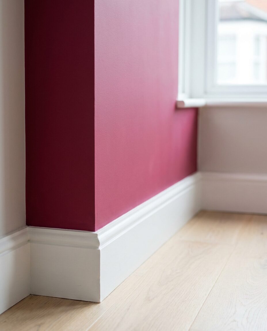 A crisp cutting-in detail between a berry pink wall and white painted skirting