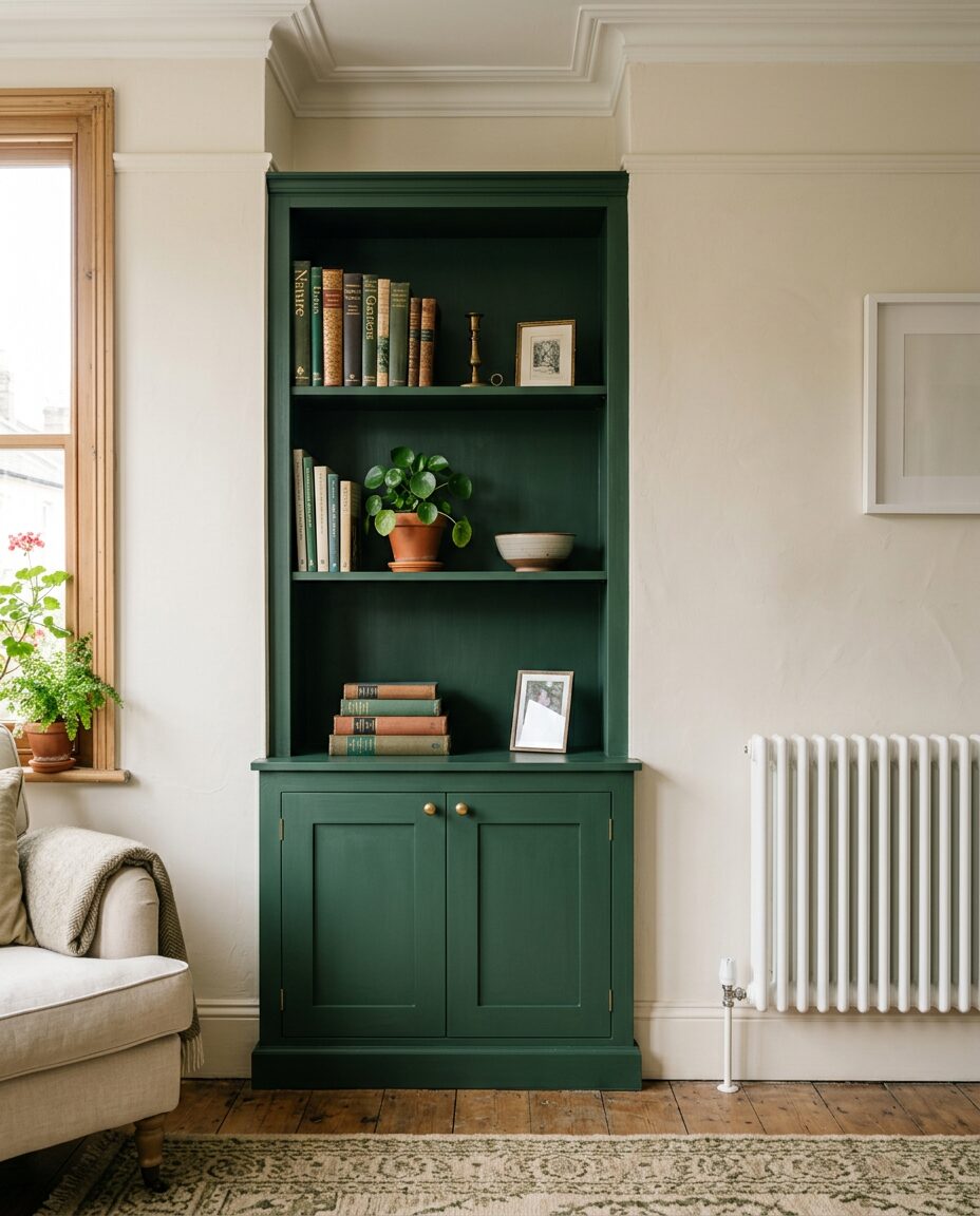 Built-in shelving and alcove joinery painted deep forest green