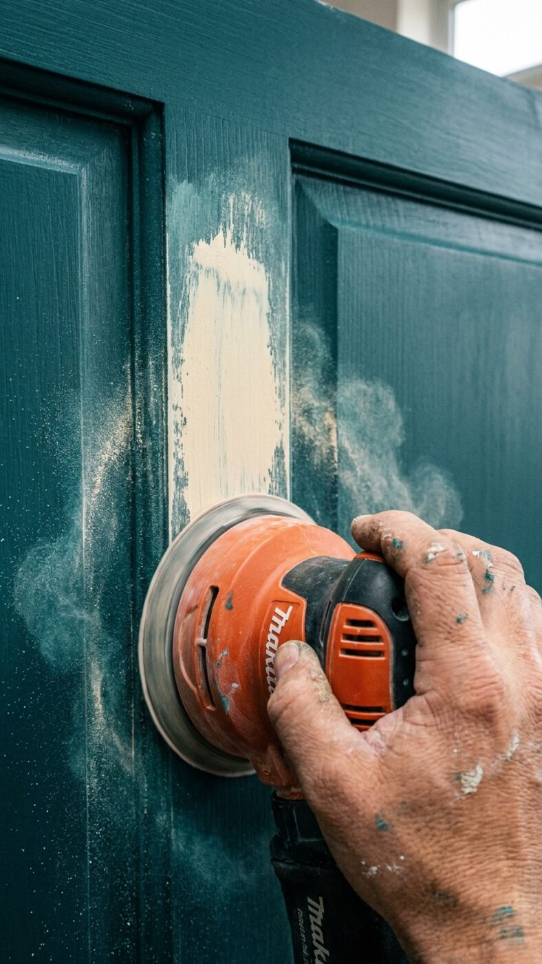 An orbital sander mid-prep on a teal painted panel