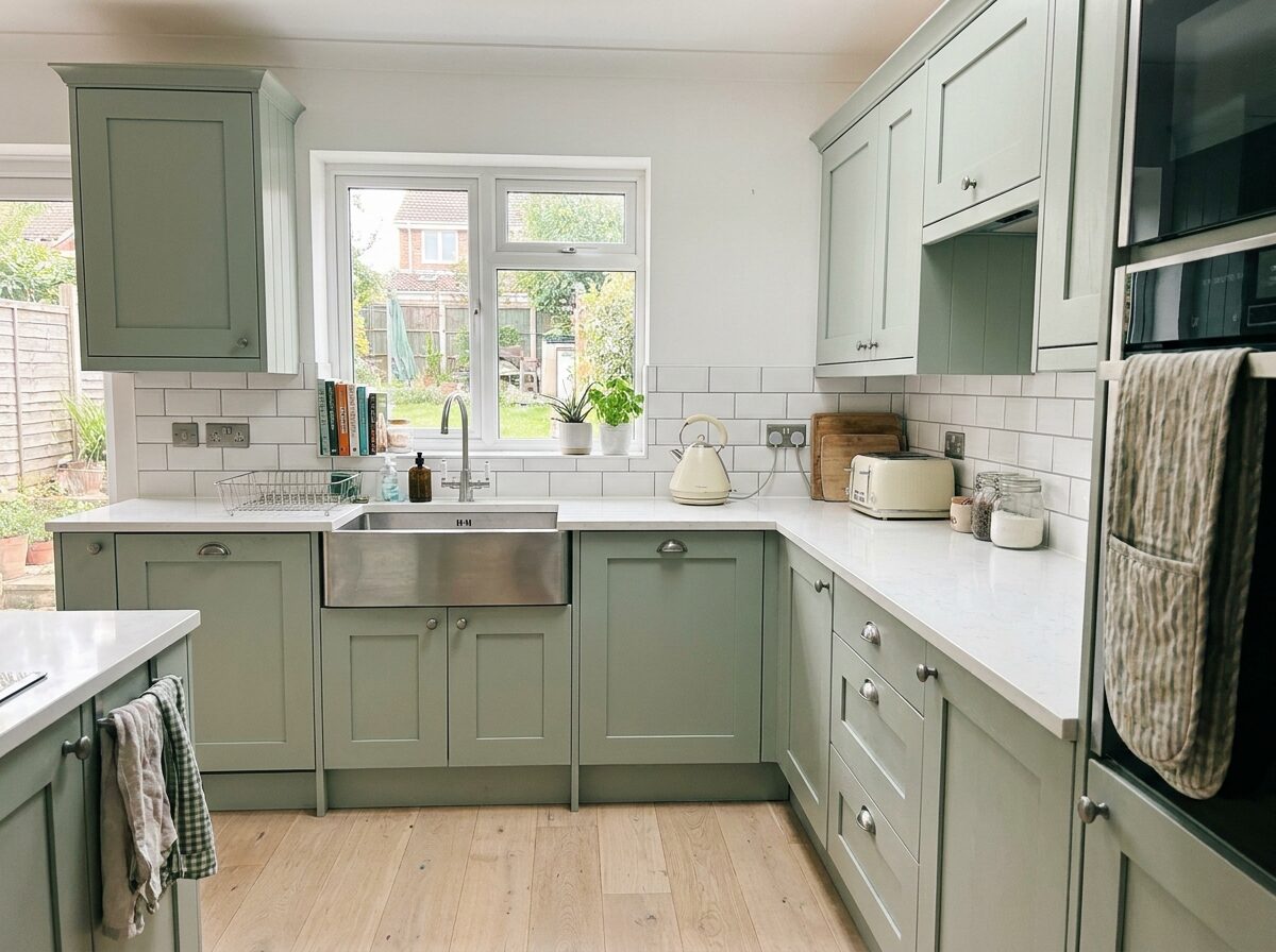 A kitchen with shaker doors hand-painted in sage green