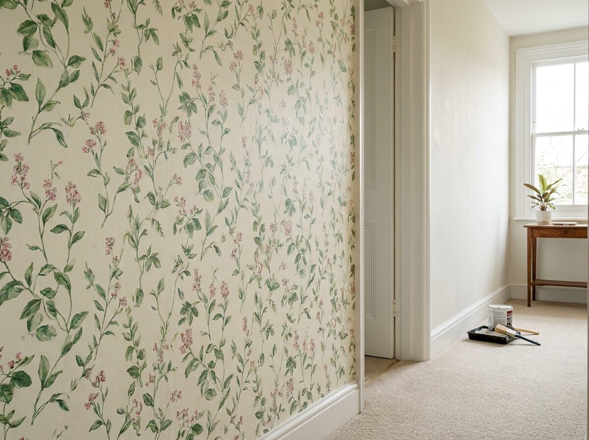 A hallway feature wall newly papered in a botanical print